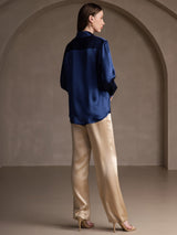 [Dark Blue] SilkSilky-AU 19Momme Stretch Silk Charmeuse Long Sleeve Lapel Collar Women's Shirt 002