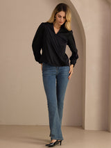 [Black] SilkSilky-AU Long Sleeve Wrap Women's Blouse 006