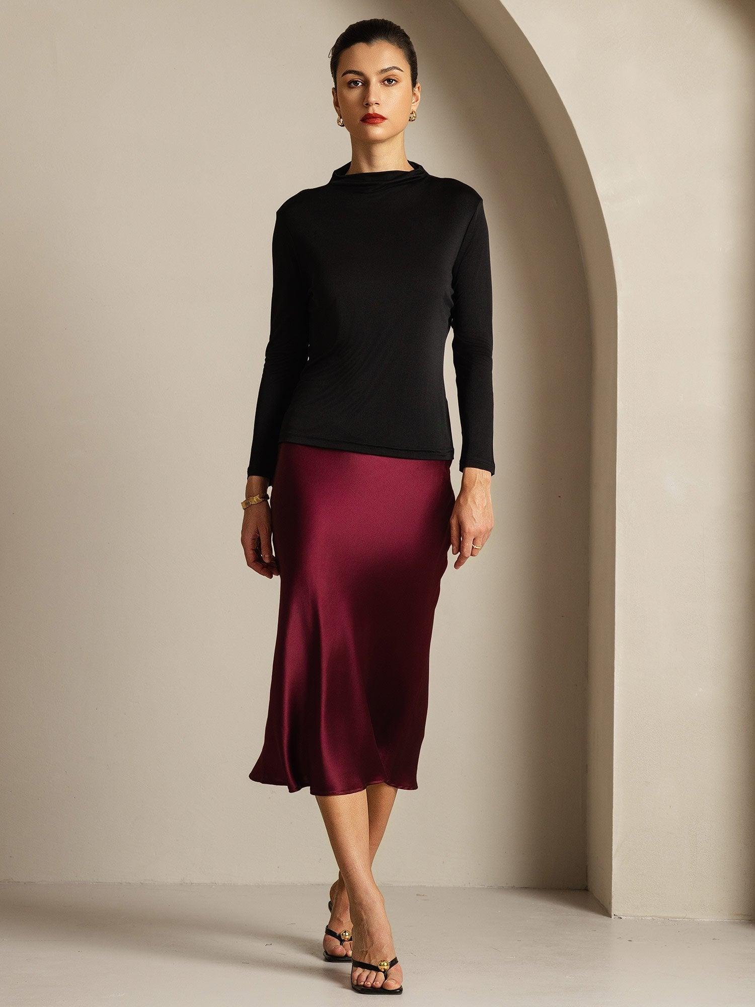 [Black] SilkSilky-AU Pure Silk High Neck Women's T-Shirt 005