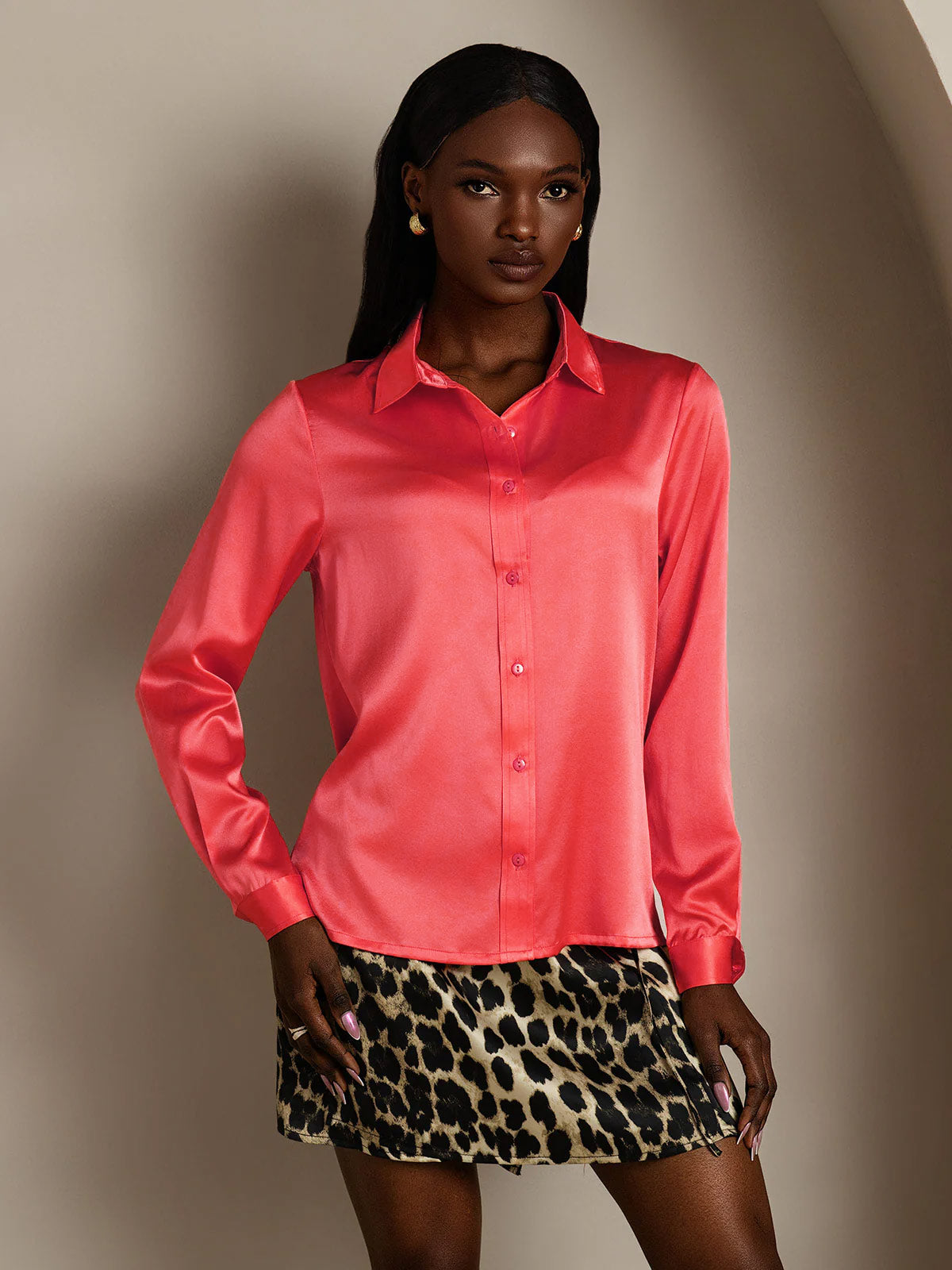 [Imperial Red] SilkSilky-AU 19Momme Stretch Silk Charmeuse Long Sleeve Lapel Collar Women's Shirt 001