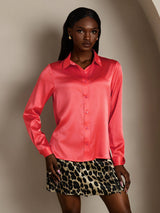[Imperial Red] SilkSilky-AU 19Momme Stretch Silk Charmeuse Long Sleeve Lapel Collar Women's Shirt 001