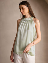 [Light Green] SilkSilky-AU 19Momme Stretch Silk Charmeuse Sleeveless Halter Women's T-Shirt 004