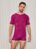 SilkSilky AU Silk Knitted Short Sleeve V Neck Men's T Shirt DarkRed 004