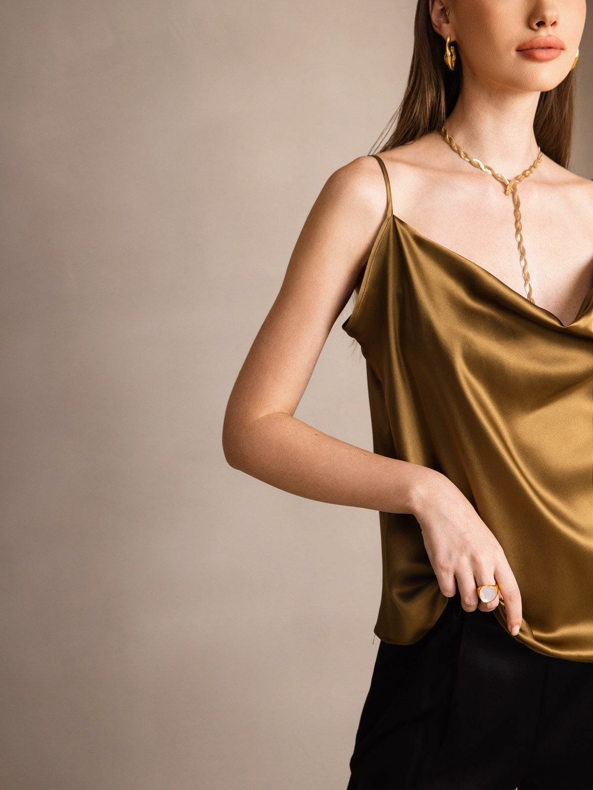 [Brown] SilkSilky-AU 19Momme Silk Spaghetti Strap Cowl Neck Camisole 004