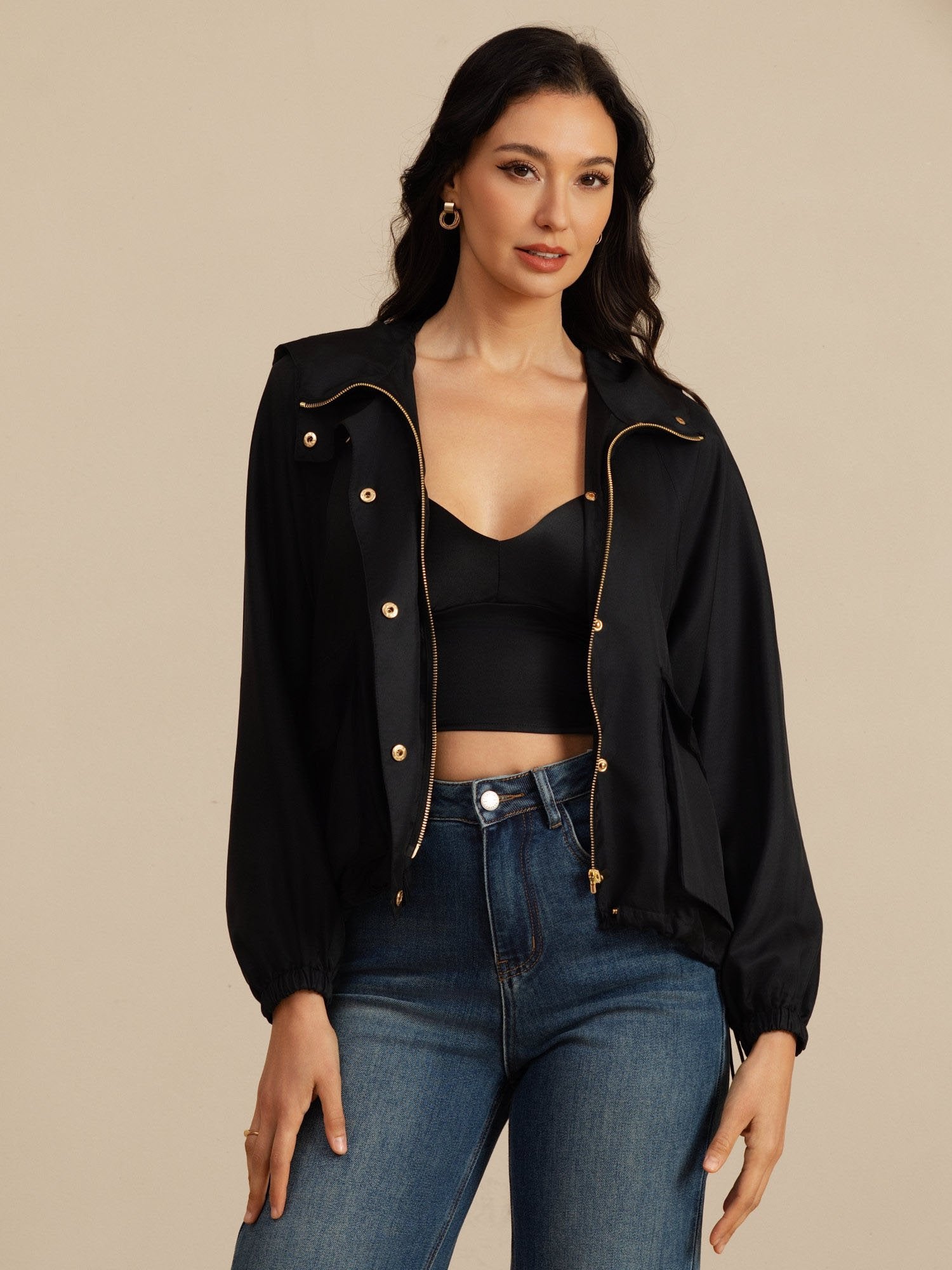 [Black] SilkSilky-AU Silk Satin Surah Long Sleeve High Neck Women's Outerwear 006