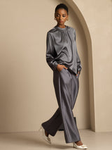 [Dark Gray] SilkSilky-AU 19Momme Stretch Silk Charmeuse Long Sleeve Round Neck Blouse 007