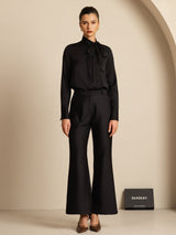 [Black] SilkSilky-AU 19Momme Stretch Silk Charmeuse Long Sleeve Tie Neck Blouse 001