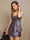 SilkSilky AU Pure Silk Sleeveless V Neck Camisole Set PurpleGray 001