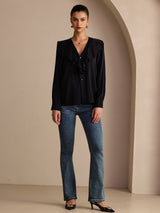 [Black] SilkSilky-AU Long Sleeve Deep V Neck Women's Blouse 006