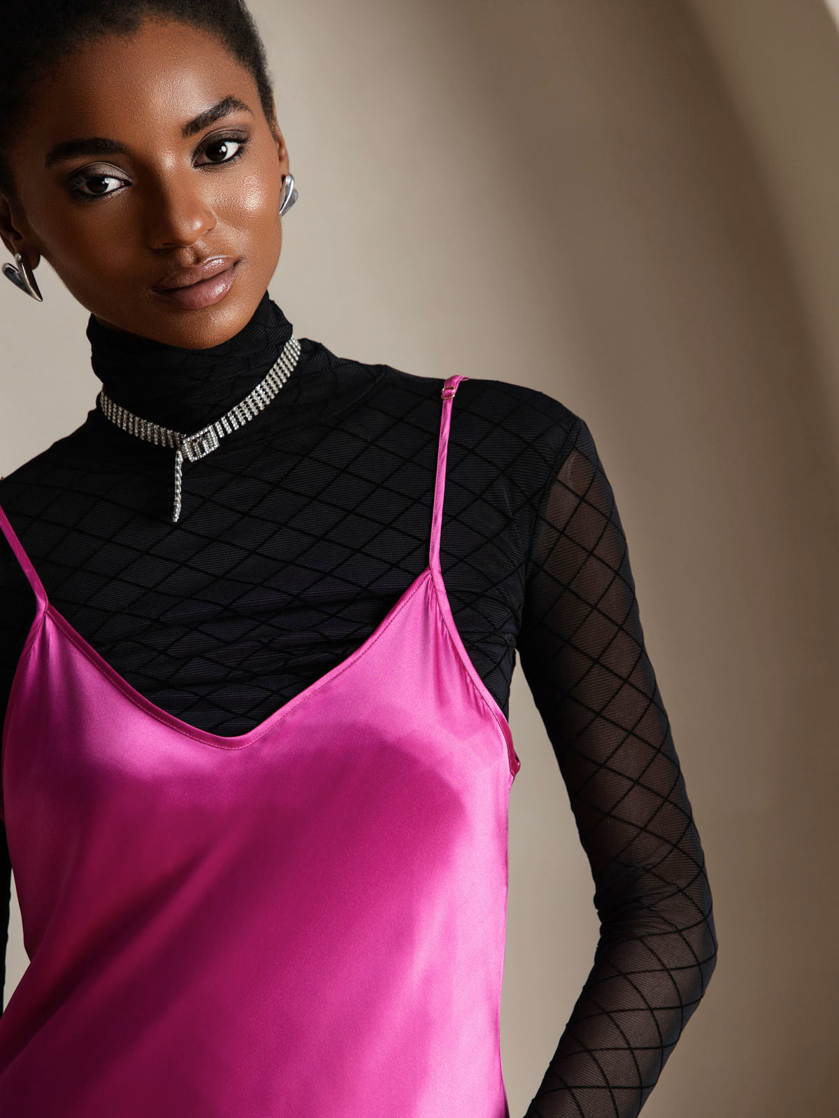 [Rose Red] SilkSilky-AU Spaghetti Strap V Neck Dress 003