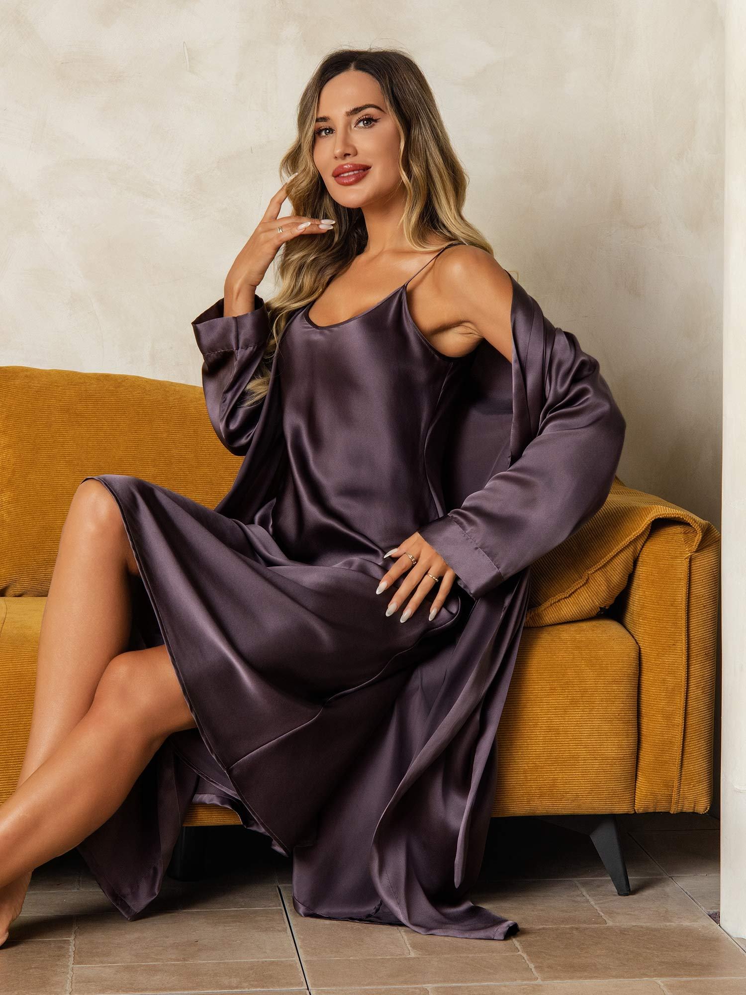 [Purple Gray] SilkSilky-AU Pure Silk V Neck Nightgown&Dressing Gown Set 006