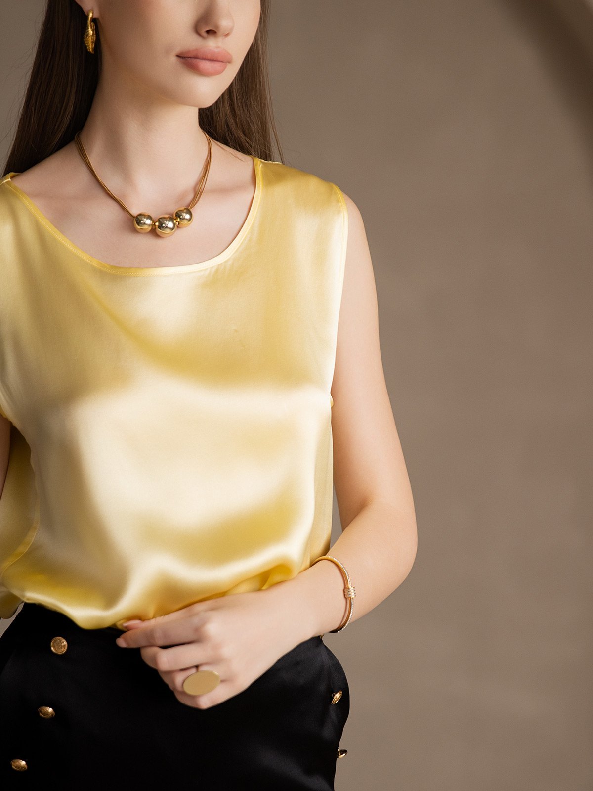 [Light Yellow] SilkSilky-AU 19Momme Silk Round Neck Camisole 003