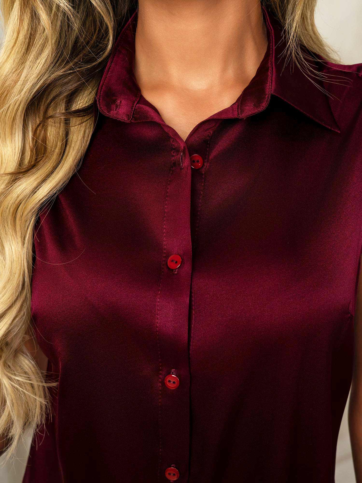 [Dark Red] SilkSilky-AU 19Momme Silk Lapel Collar Women's Shirt 007