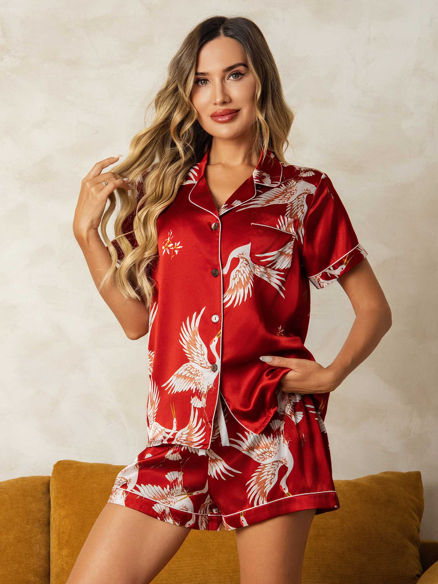 [Dark Red] SilkSilky-AU 19Momme Short Sleeve Notch Collar Women's Pyjamas 003