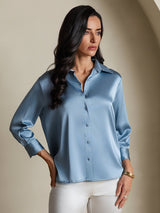 [Grayish Blue] SilkSilky-AU 19Momme Stretch Silk Charmeuse 3/4 Sleeve Lapel Collar Women's Shirt 003