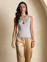 [Gray] SilkSilky-AU 100% Silk Jersey Sleeveless Round Neck Women's T-Shirt 004