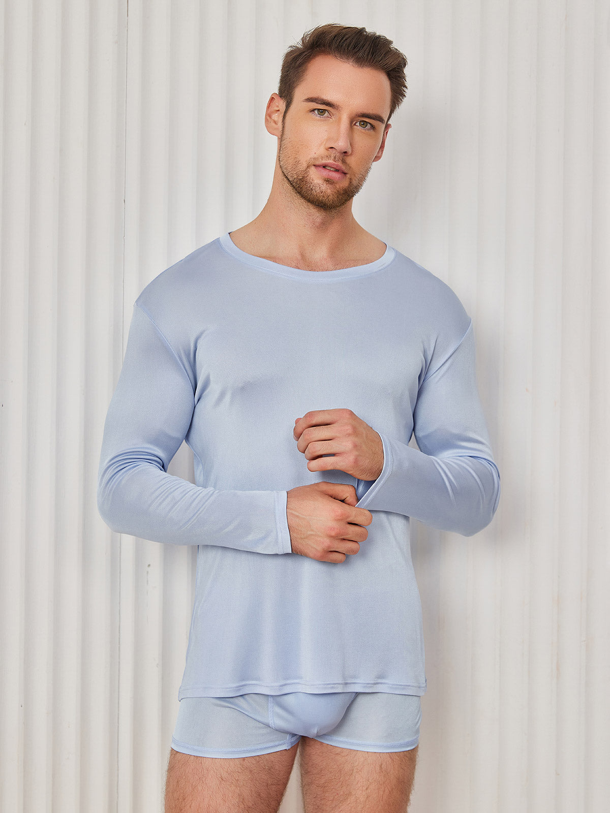 SilkSilky AU Silk Knitted Long Sleeve Round Neck Men's T Shirt LightBlue 005