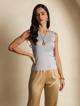 [Gray] SilkSilky-AU 100% Silk Jersey Sleeveless Round Neck Women's T-Shirt 001