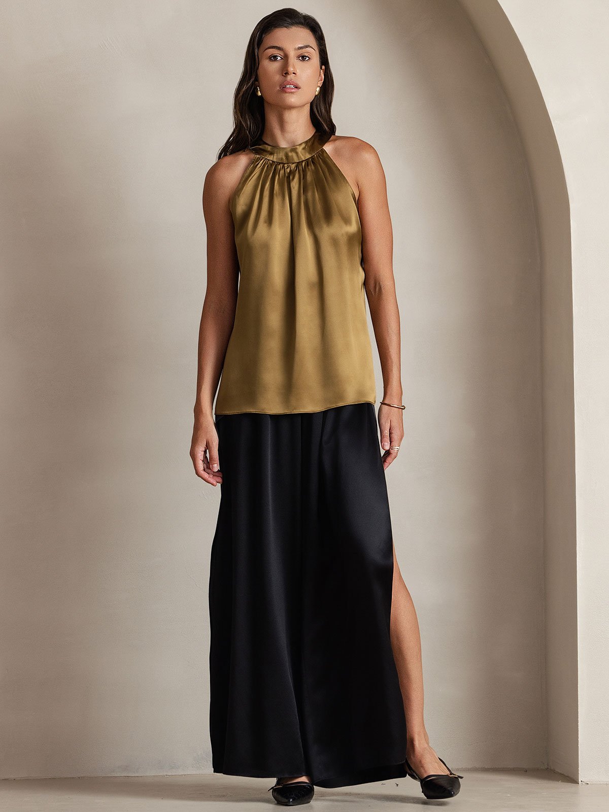 [Brown] SilkSilky-AU 19Momme Silk Sleeveless Halter Neck Women's T-Shirt 003