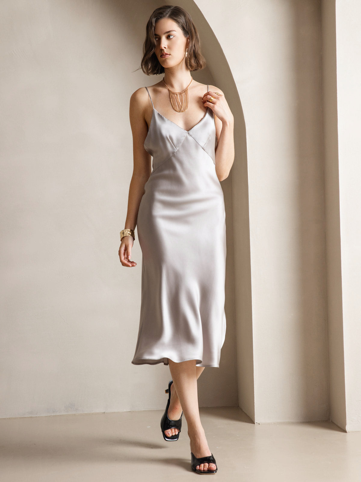 [Gray] SilkSilky-AU 19Momme Pure Silk V Neck Dress 006