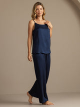 [Dark Blue] SilkSilky-AU 19Momme Machine-Washable Silk Spaghetti Strap Scoop Neck Camisole Set 007