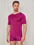 SilkSilky AU Silk Knitted Short Sleeve V Neck Men's T Shirt DarkRed 003