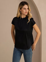 [Black] SilkSilky-AU Short Sleeve Split Women's Blouse 001