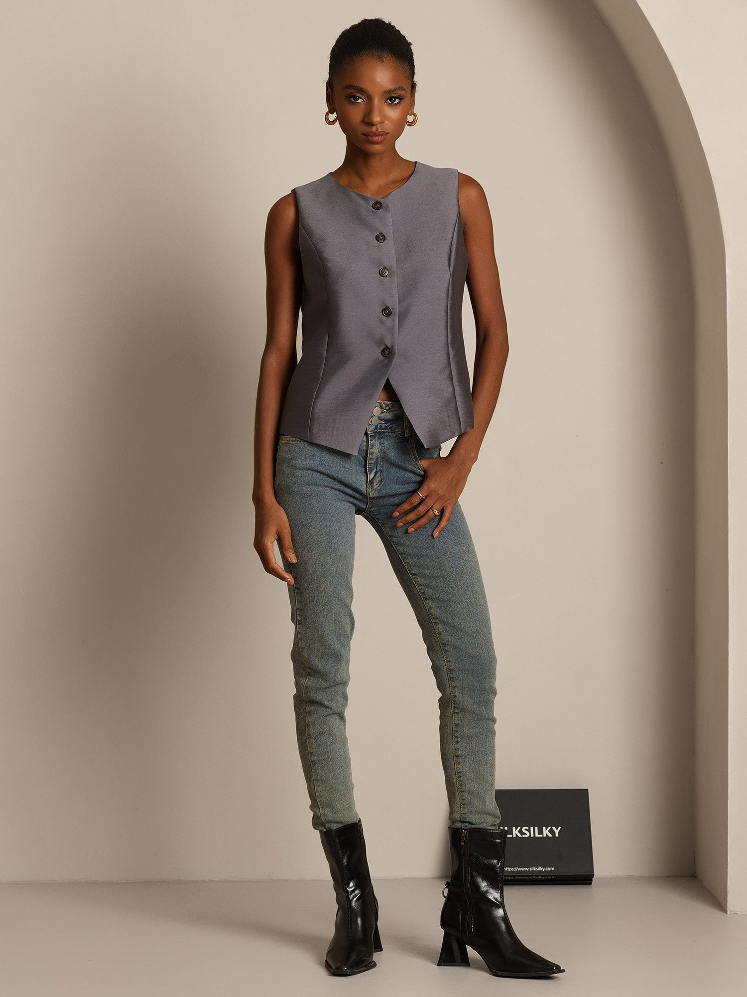 [Gray] SilkSilky-AU 32Momme Wool Womens Vest 008,