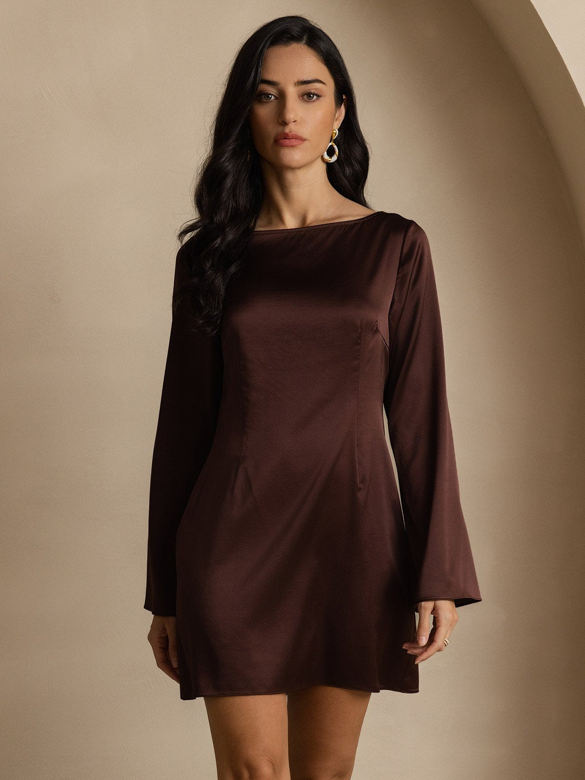 SilkSilky-AU 19Momme Silk Long Sleeve Boat Neck Dress Coffee 005