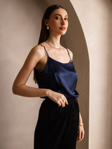 [Dark Blue] SilkSilky-AU 19Momme Stretch Silk Charmeuse Spaghetti Strap Scoop Neck Camisole 003
