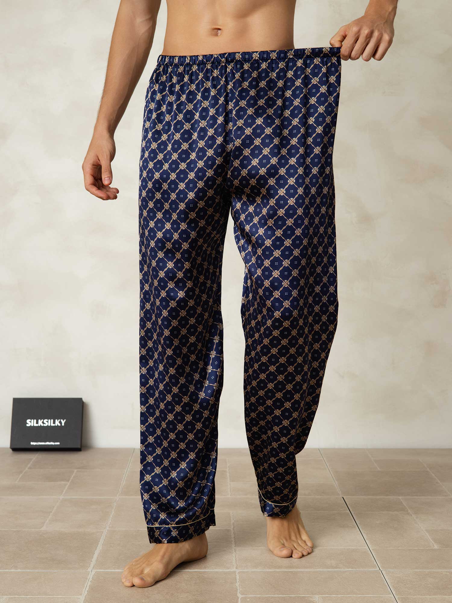 [Navy Chain] SilkSilky-AU Pure Silk Mens Sleep Bottoms 003