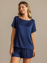 [Dark Blue] SilkSilky-AU 19Momme Machine-Washable Silk Short Sleeve Round Neck Women's Pyjamas 007