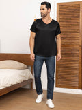 SilkSilky AU Pure Silk Short Sleeve V Neck Men's T Shirt Black 003