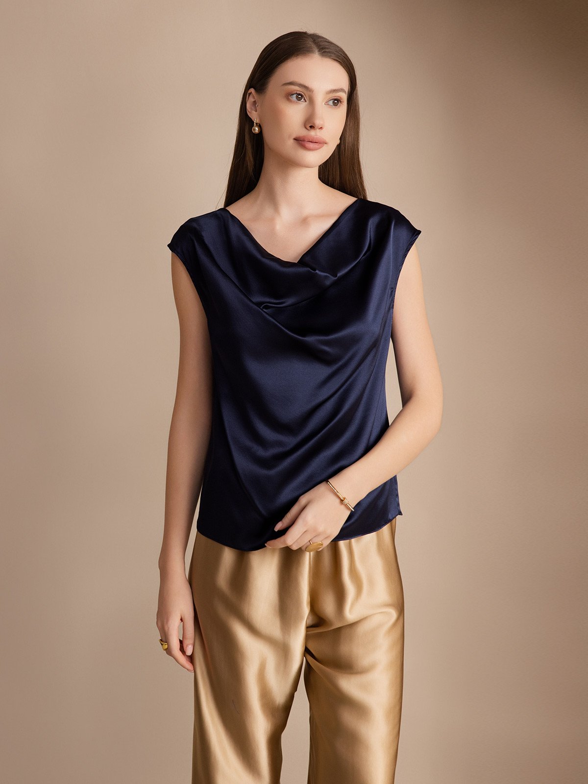 [Dark Blue] SilkSilky-AU 19Momme Silk Sleeveless Cowl Neck Women's T-Shirt 001