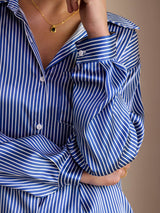 [Blue Pinstripe] SilkSilky-AU Long Sleeve Lapel Collar Women's Shirt 006