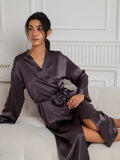 SilkSilky-AU Pure Silk Long Sleeve Womens Robe PurpleGray 005