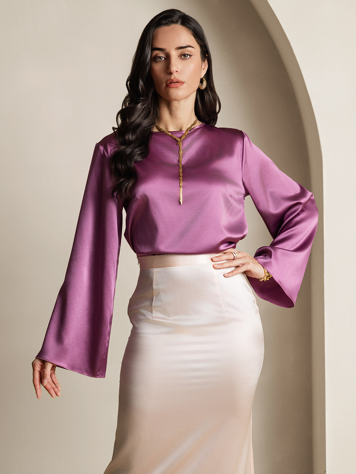 [Deep Purple] SilkSilky-AU 19Momme Silk Round Neck Women's T-Shirt 001