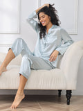 SilkSilky-AU Pure Silk Long Sleeve Lapel Women's Pyjamas LightBlue 001