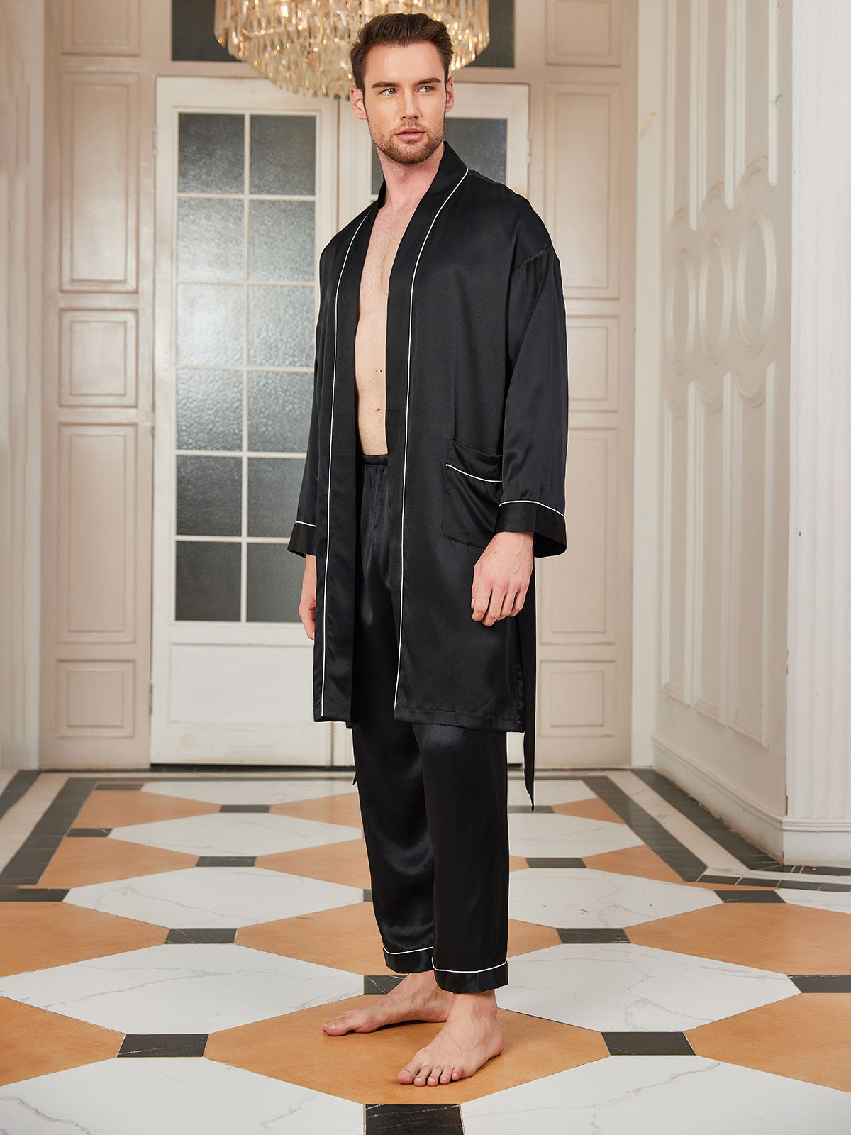 SilkSilky AU Pure Silk 3/4 Sleeve Deep V Neck Men's Dressing Gown Black 002