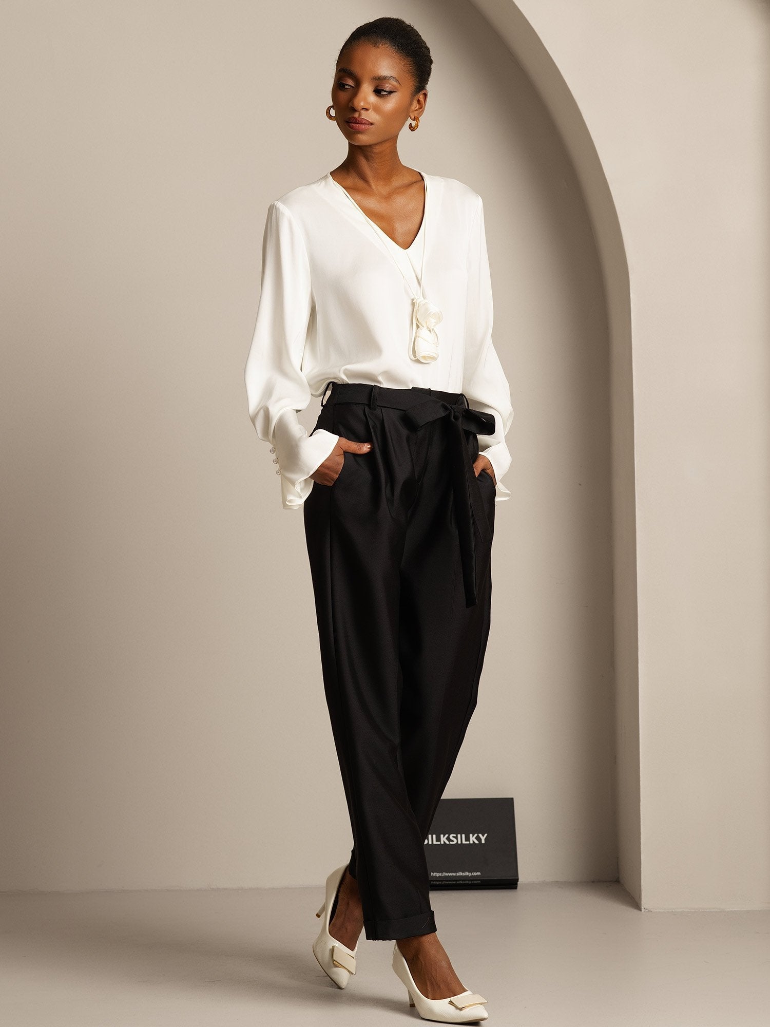 [Black] SilkSilky-AU 32Momme Wool Womens Pants 005,