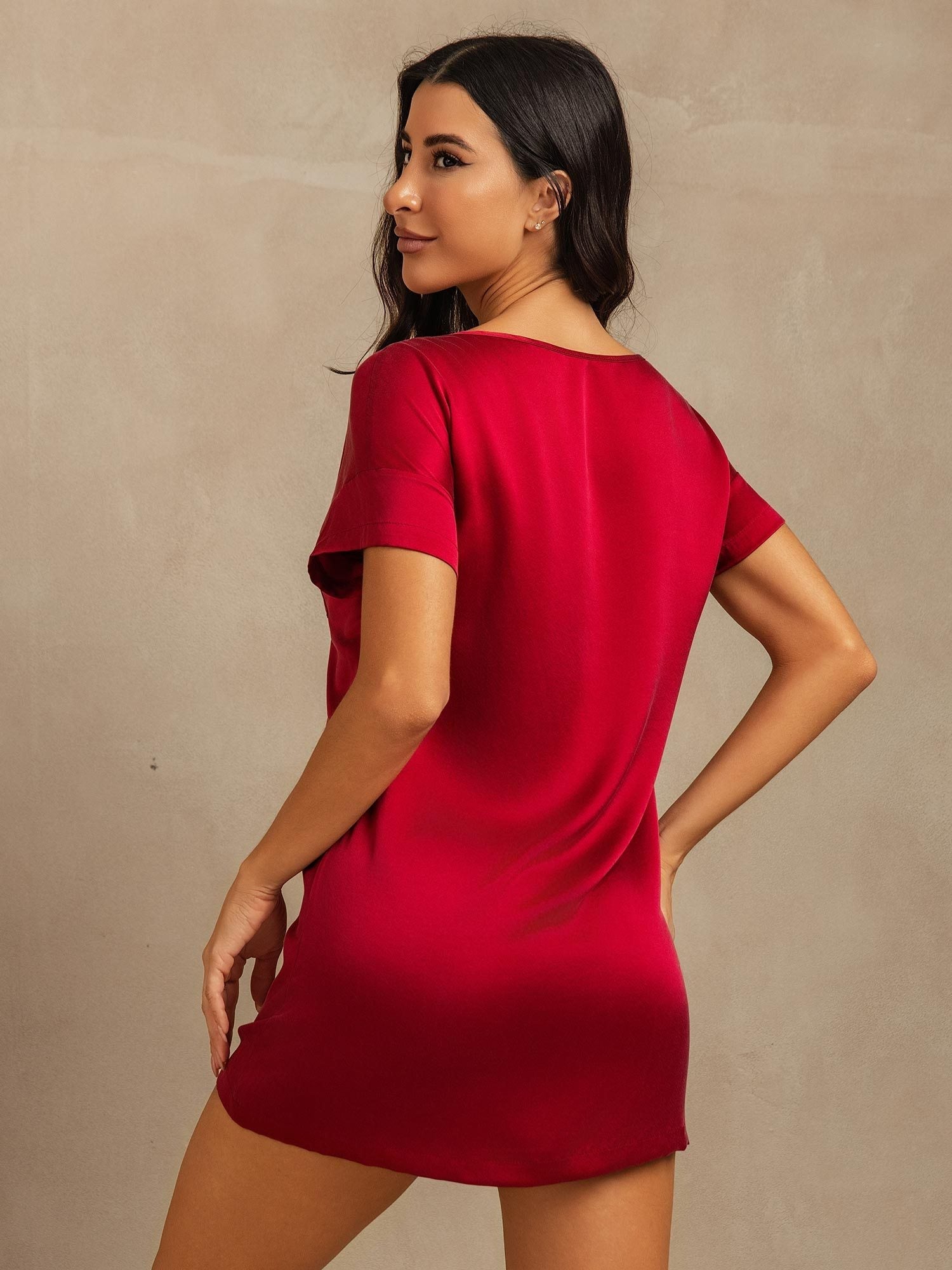 [Wine] SilkSilky-AU 19Momme Silk Round Neck Nightgown 002