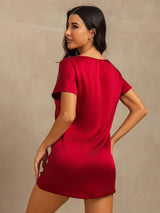 [Wine] SilkSilky-AU 19Momme Machine-Washable Silk Short Sleeve Round Neck Nightgown 002