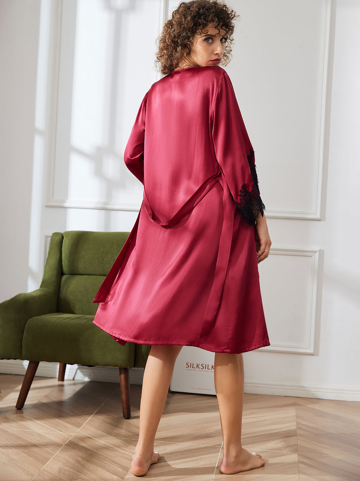 SilkSilky AU Pure Silk 3/4 Sleeve Nightgown&Robe Set DarkRed 002