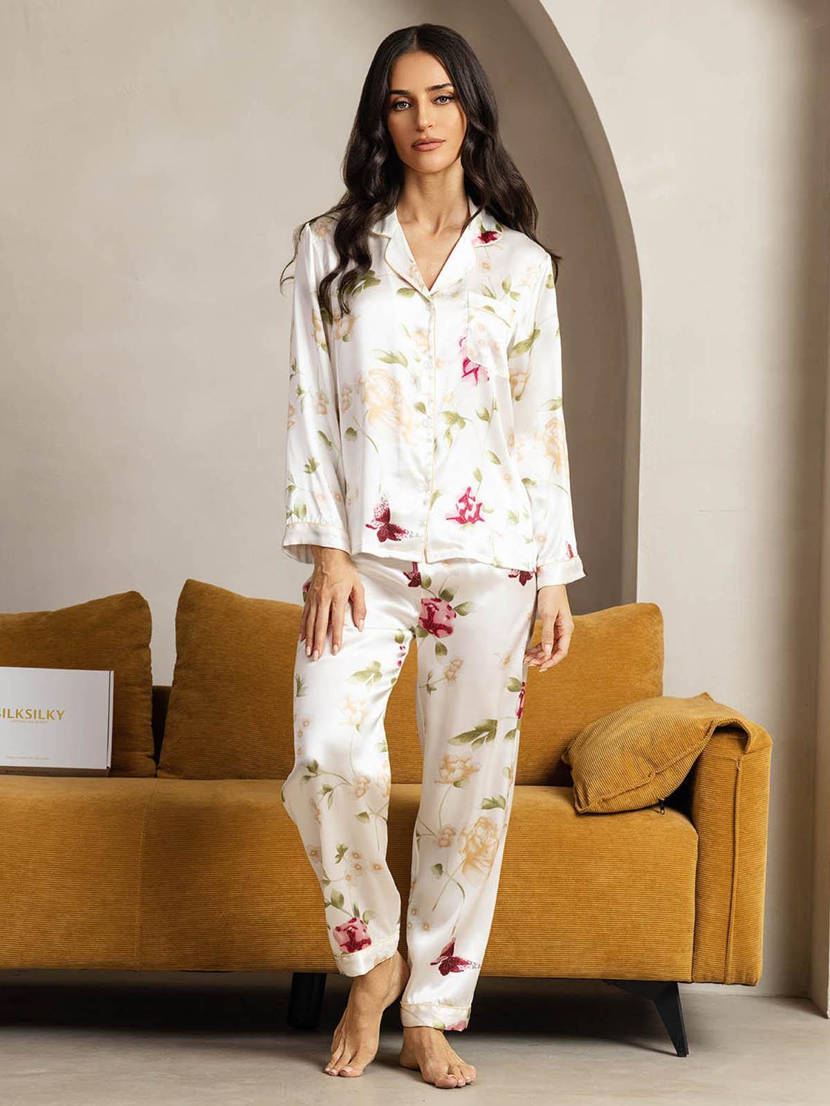 [Ivory Floral] SilkSilky-AU Pure Silk Womens Pajamas 001