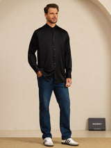 [Black] SilkSilky-AU Long Sleeve Stand Collar Men''s Shirt 008