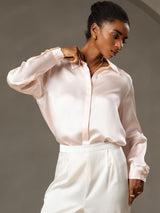 [Pink] SilkSilky-AU 19Momme Stretch Silk Charmeuse Long Sleeve Lapel Collar Women's Shirt 005