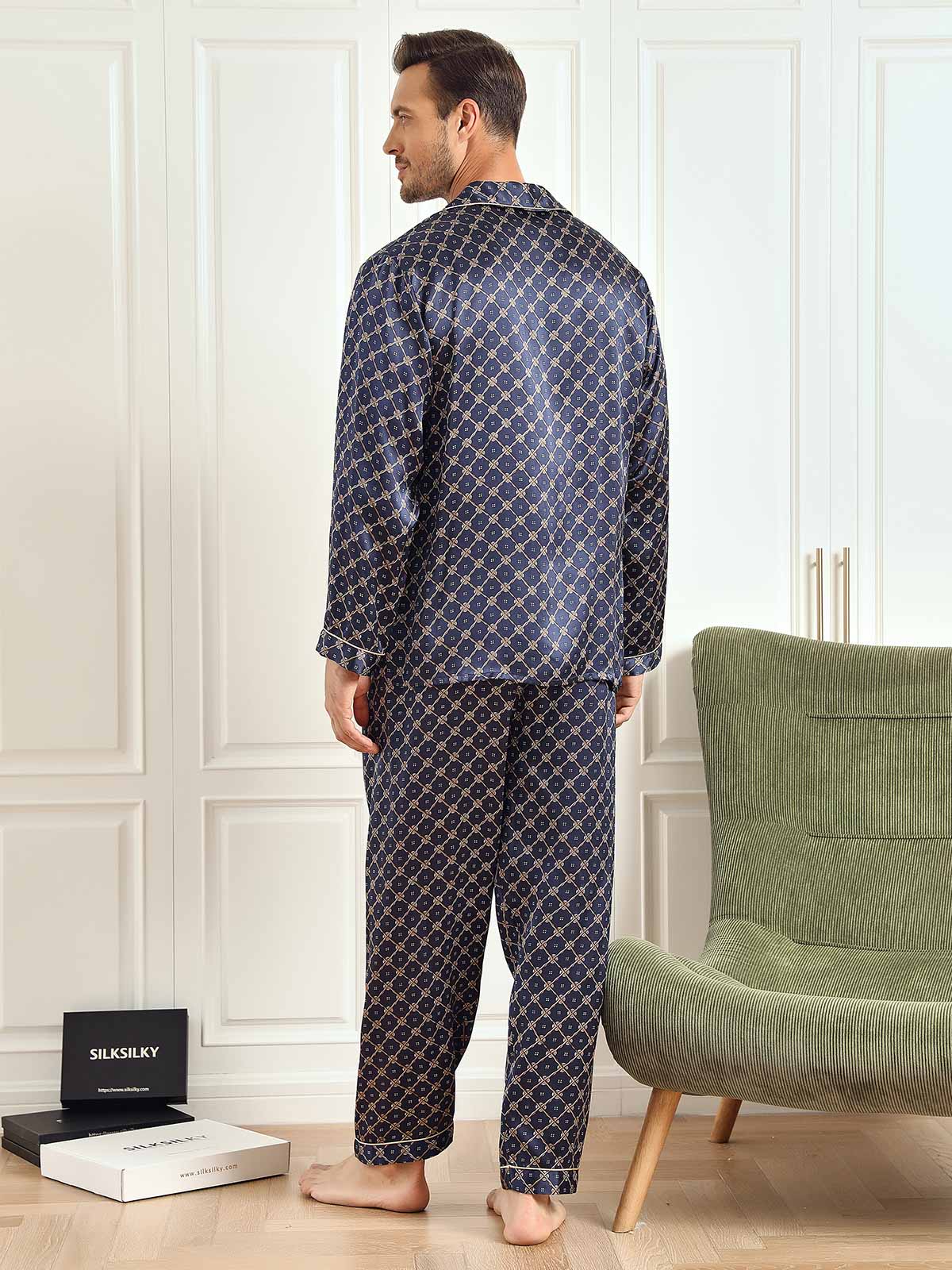 SilkSilky AU 19Momme Pure Silk Long Sleeve Lapel Men's Pyjamas DarkBlue 003