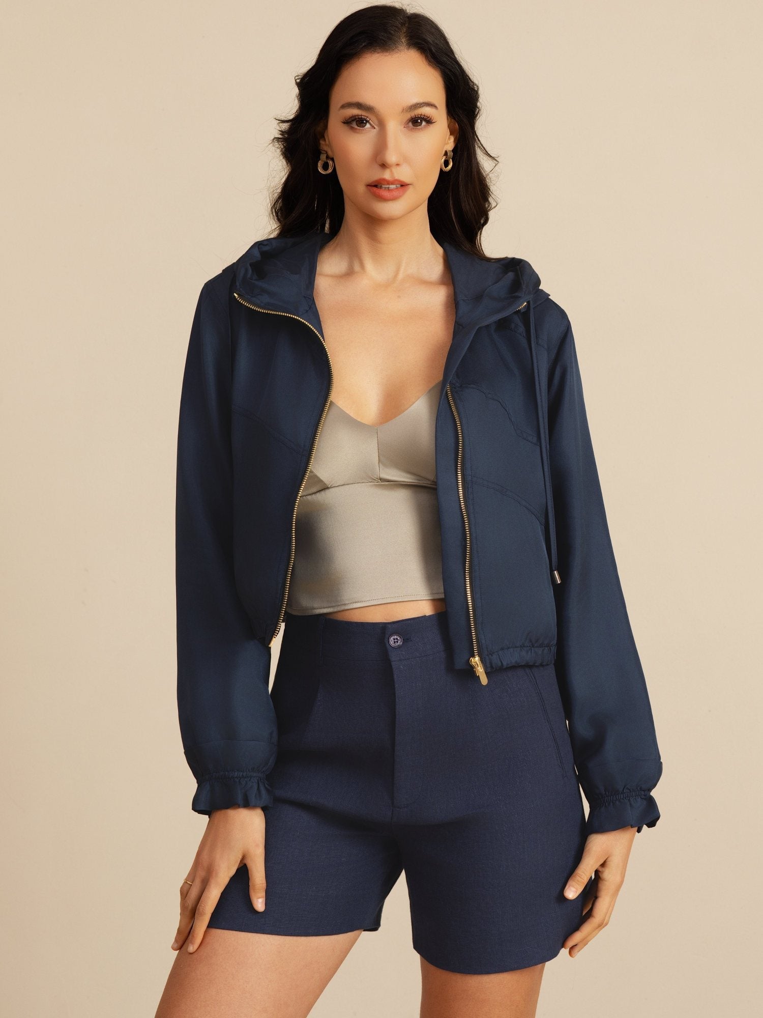 [DarkBlue] SilkSilky-AU 18Momme Silk Satin Surah Long Sleeve High Neck Women's Outerwear 006