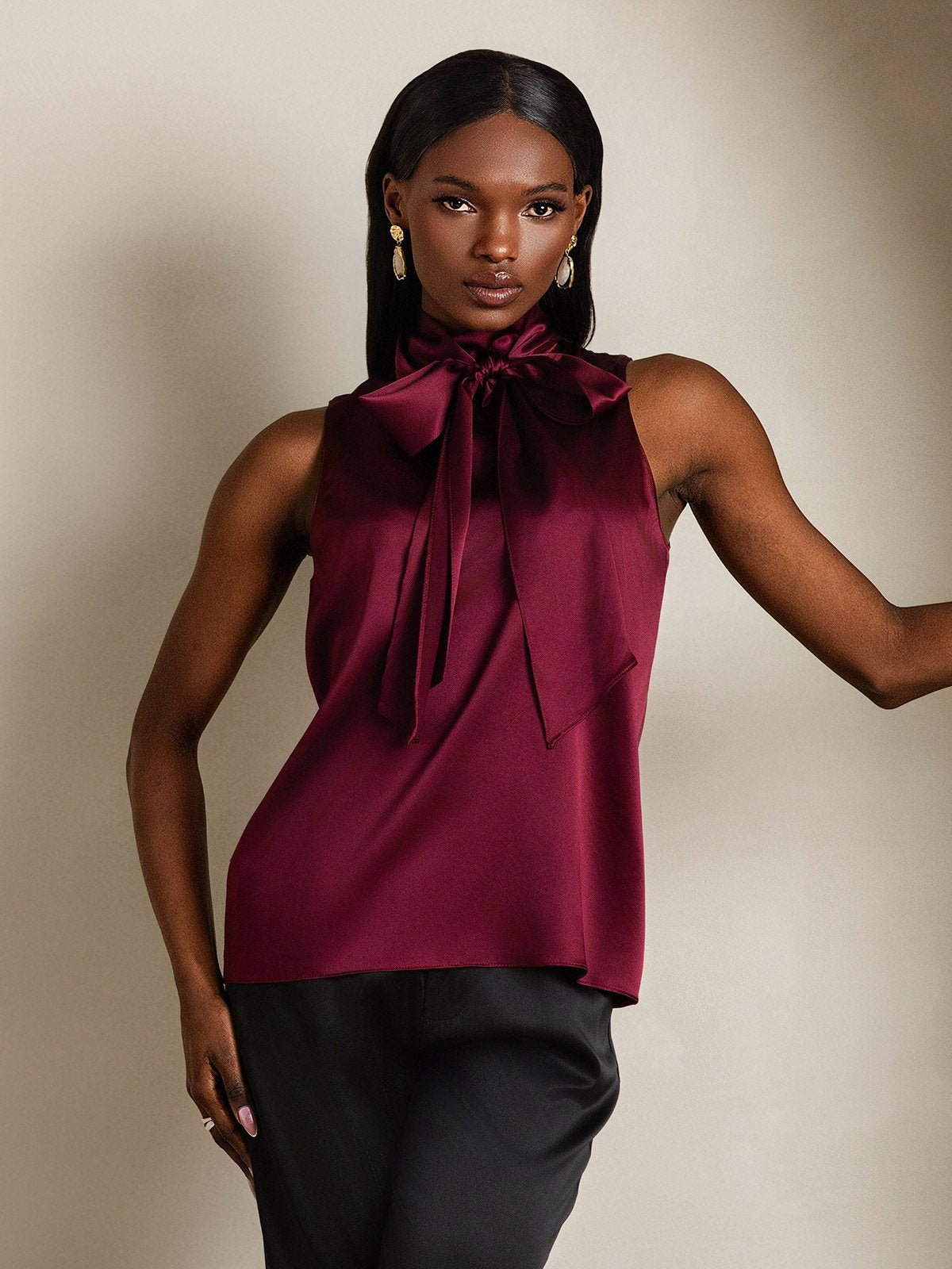 SilkSilky-AU 19Momme Silk Tie Neck Women's Shirt DarkRed 003