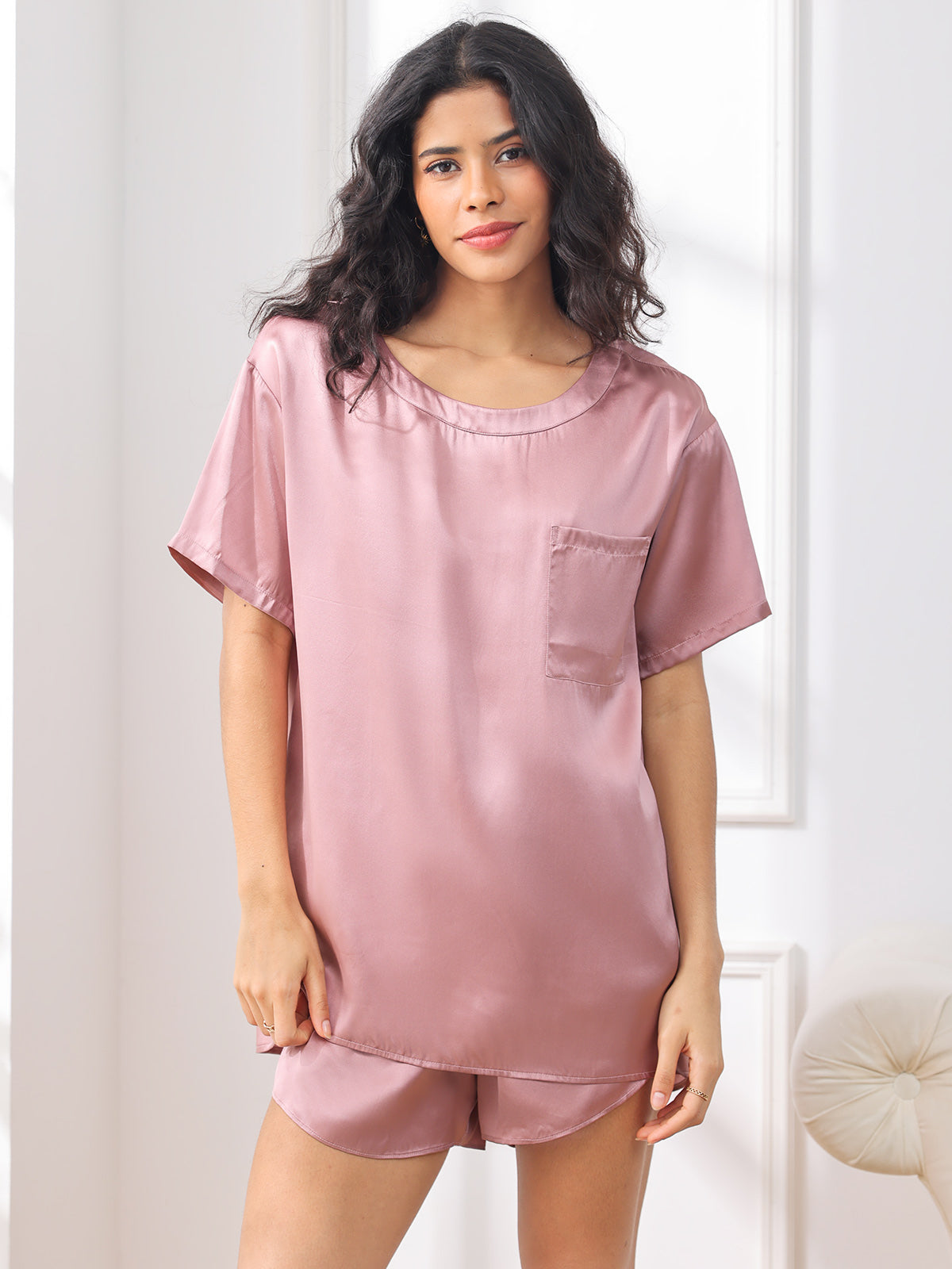 SilkSilky-AU Pure Silk Short Sleeve Round Neck Women's Pyjamas PaleMauve 001